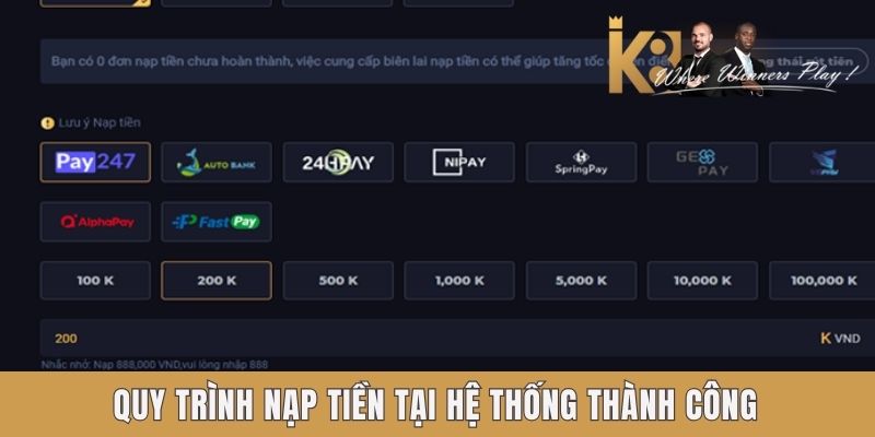 Quy trình nạp tiền tại hệ thống thành công